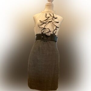 IZ brand dress black skirt/white top with ruffles & high waist black belt.